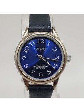 Carriage Quartz Watch Womens 22mm Blue Dial Silver Tone New Battery
